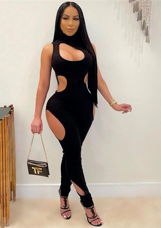 Black Side Cut Out Sleeveless Hollow Turtleneck Jumpsuit