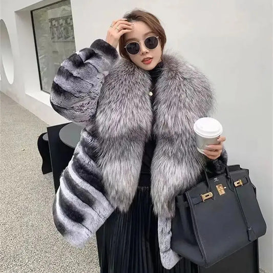 Chinchilla Style Real Rabbit Fur Coat Huge Fur Collar