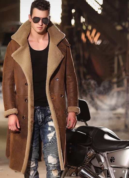 Genuine Leather Sherling Fur Double Breasted Long Coats