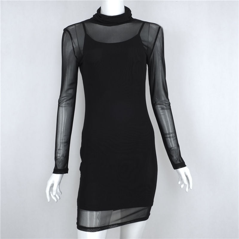 Mesh Long Sleeve Bodycon Mini Dress 2 Pcs Sets