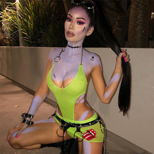 Chain Deep V Sleeveless High Waist Bodysuits