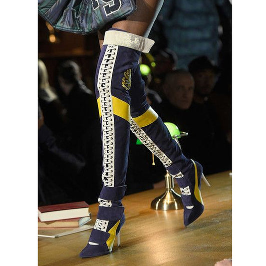 Patchwork Thigh High Lace Up High Heel Boots
