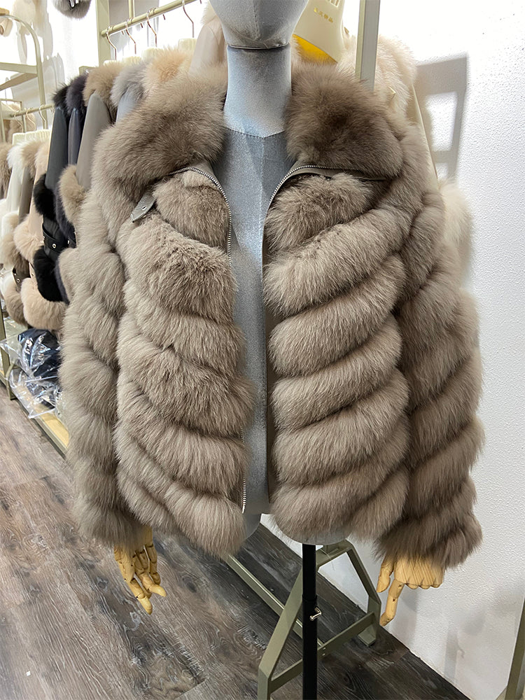 Pattern Fur Turn-Down Collar Coats