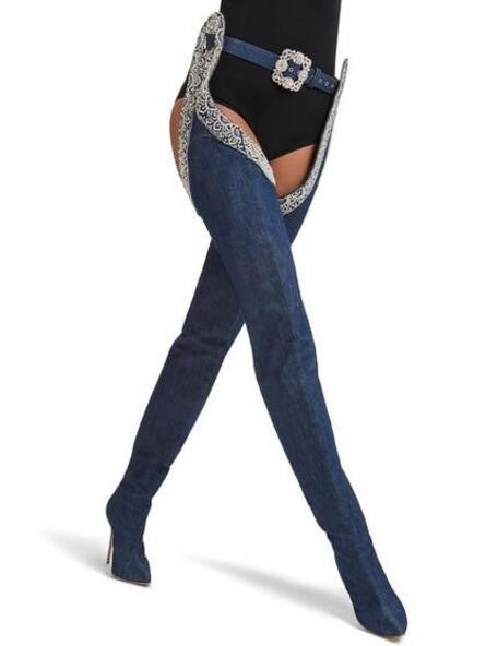 DENIM CRYSTAL WAIST BELT MID-THIGH HIGH HEEL BOOTS