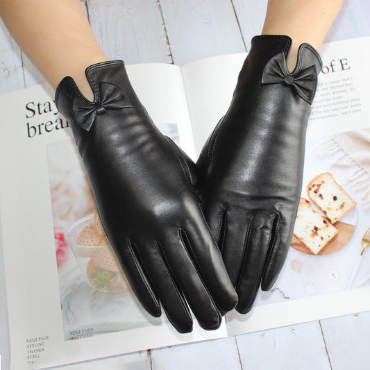 Genuine Leather Bow Gloves Women