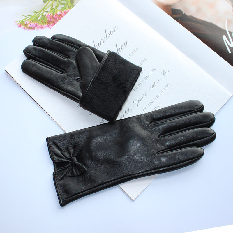 Genuine Leather Bow Gloves Women