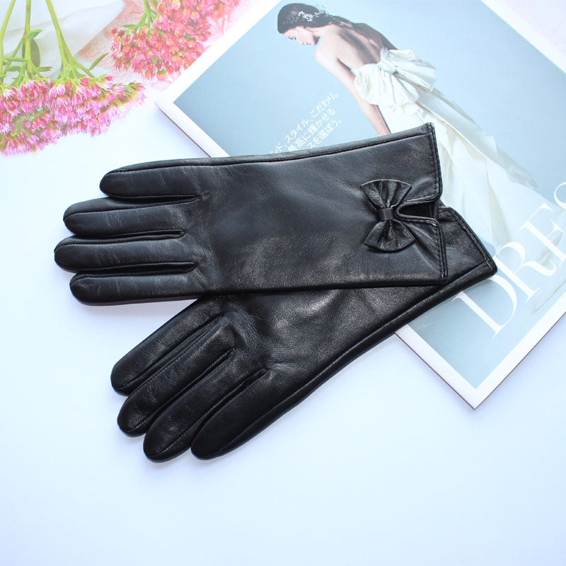 Genuine Leather Bow Gloves Women