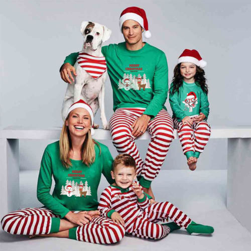 Cartoon Print Striped Family Matching Christmas Pajamas Sets