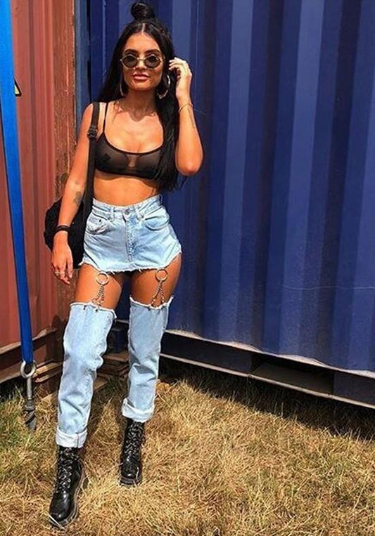 Ring Chain Hollow Out Thigh High Waist Boyfriend Skirt Jeans