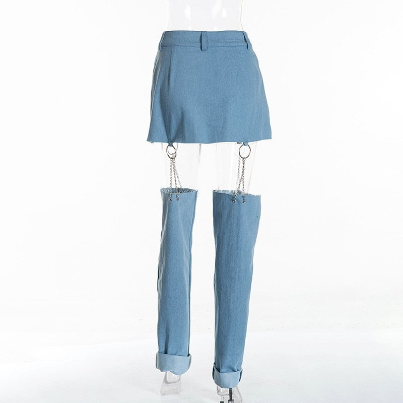 Ring Chain Hollow Out Thigh High Waist Boyfriend Skirt Jeans