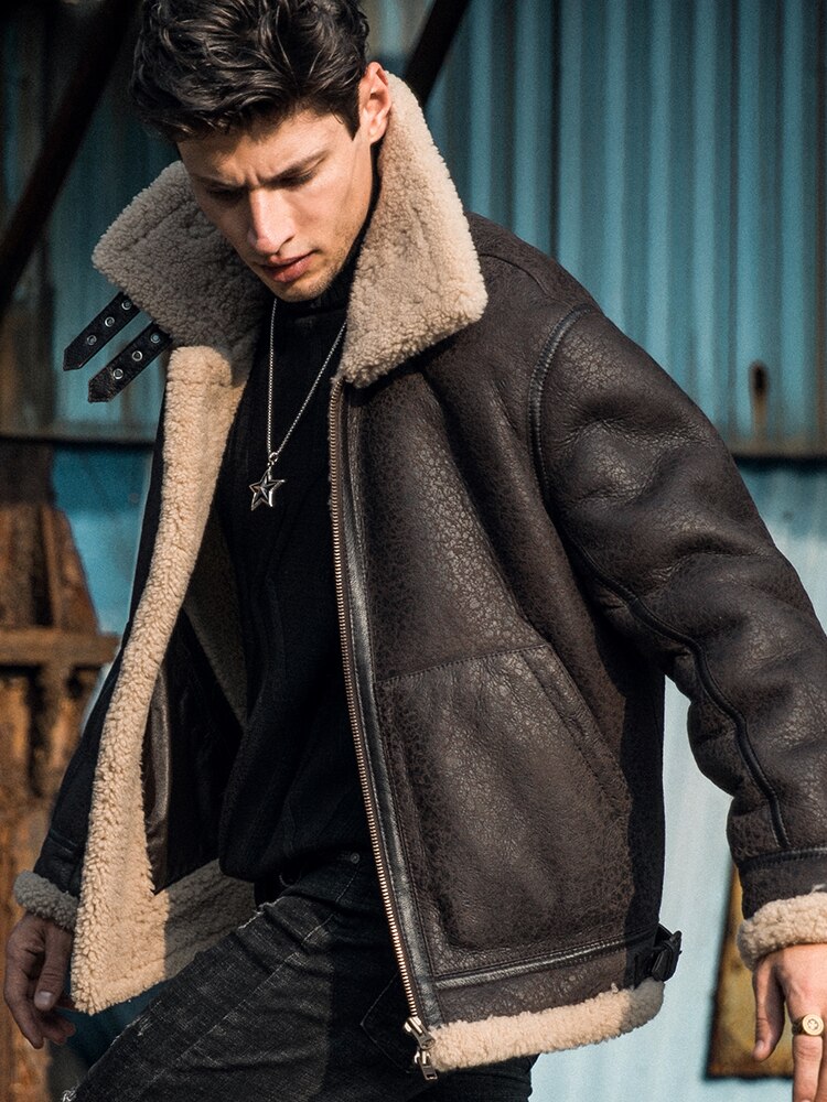 Genuine Leather Coat Shearling Lining Tall Collar