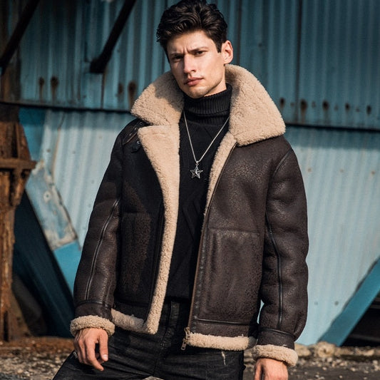 Genuine Leather Coat Shearling Lining Tall Collar