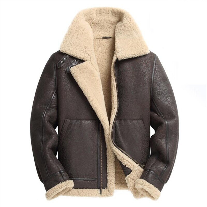 Genuine Leather Coat Shearling Lining Tall Collar