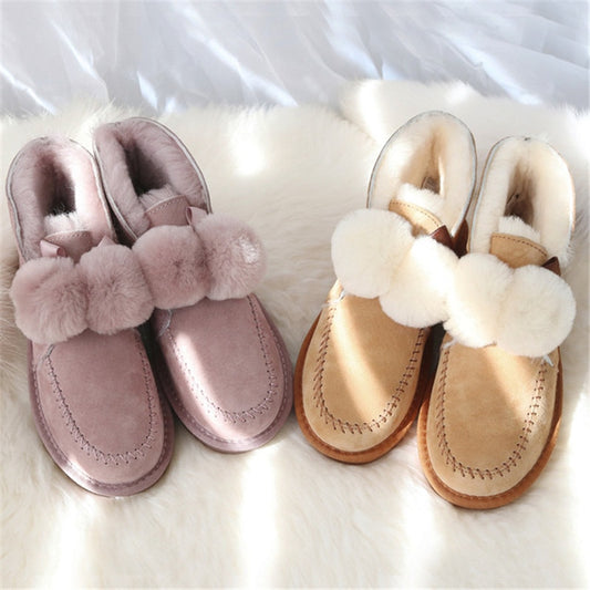 Genuine Leather Real Shearling Fur Ball Boots