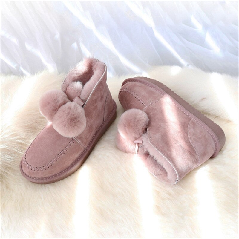 Genuine Leather Real Shearling Fur Ball Boots