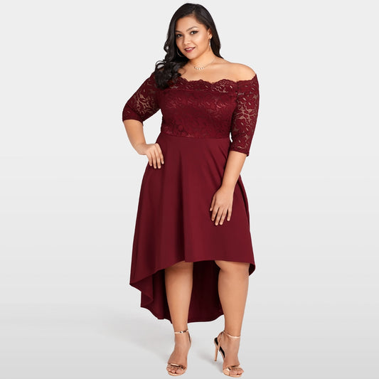 Off Shoulder Lace Irregular Hem Midi Dresses