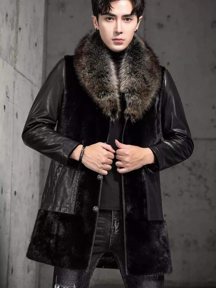 Genuine Leather Down Mink Fur Coats Real Fur Collar