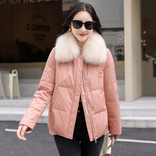 Genuine Leather Down Coats Real Fur Collar