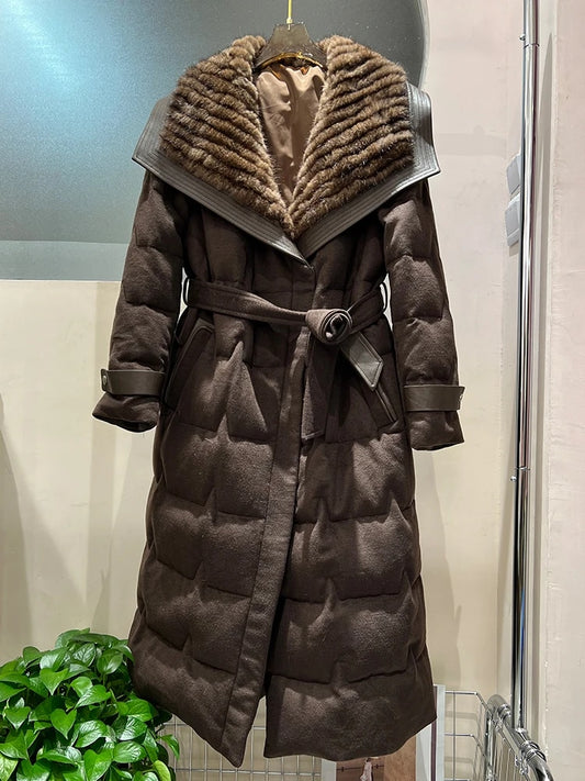 White Goose Down Puffer Coats Real Mink Fur Collar