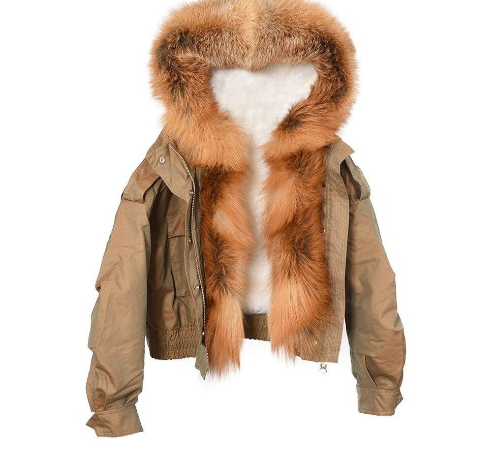 Real Fox Fur Hooded Bomber Crop Jackets