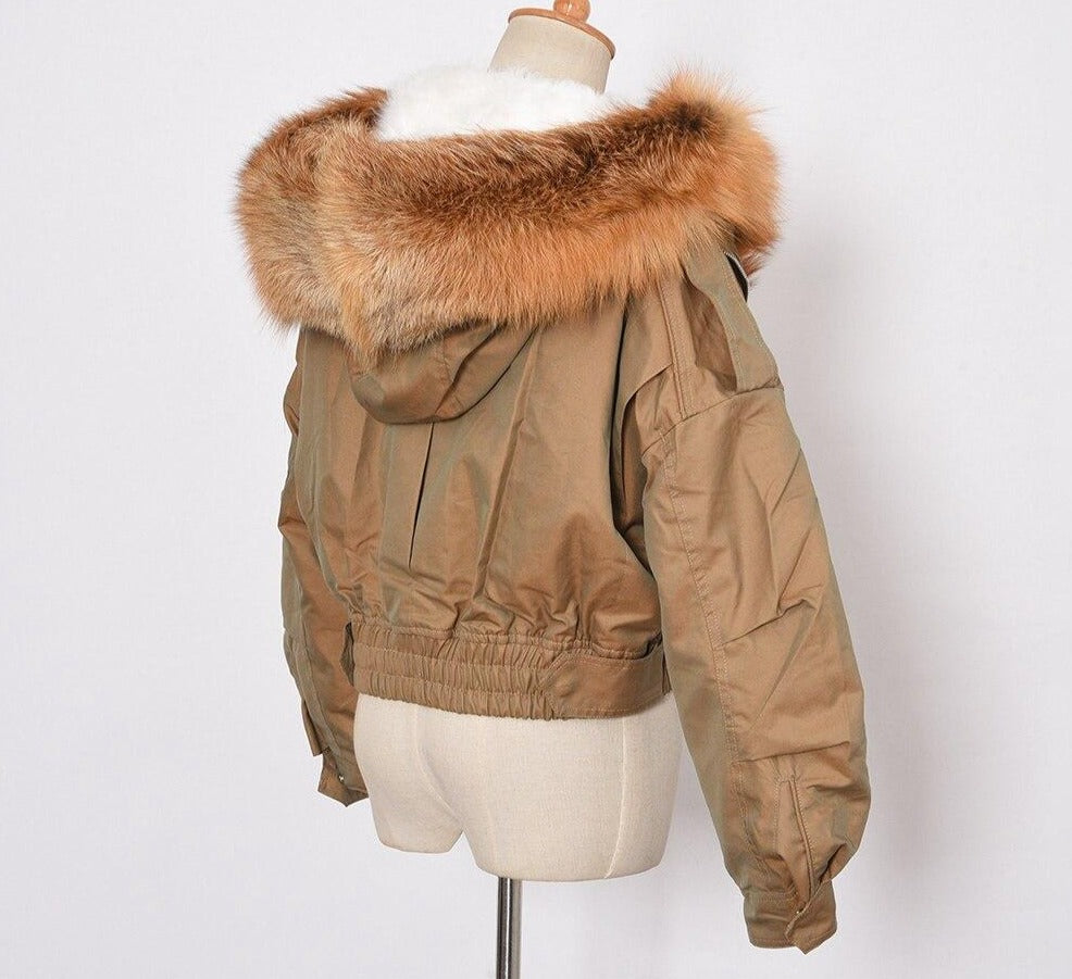 Real Fox Fur Hooded Bomber Crop Jackets