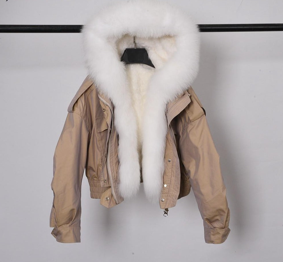 Real Fox Fur Hooded Bomber Crop Jackets