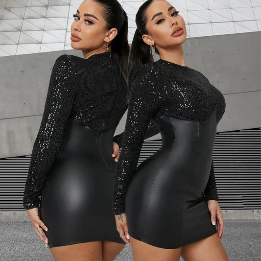 Sequin Pu Leather High Waist Long Sleeve Mini Dress