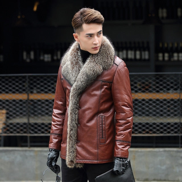 Burgundy Brown Genuine Leather Fox Fur Collar Coat