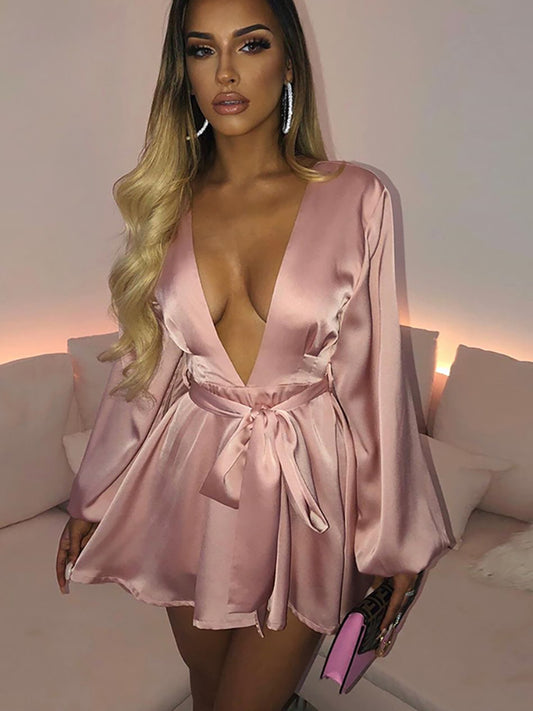 Satin Deep V Lantern Sleeve Mini Dresses