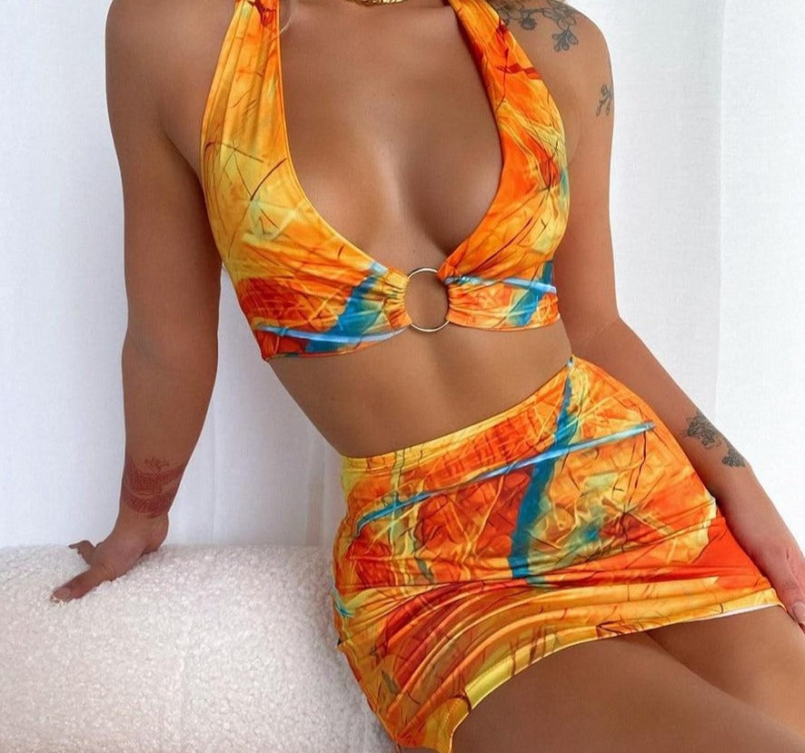Colorful Print Hollow Low-Cut Halter & Skirt Sets