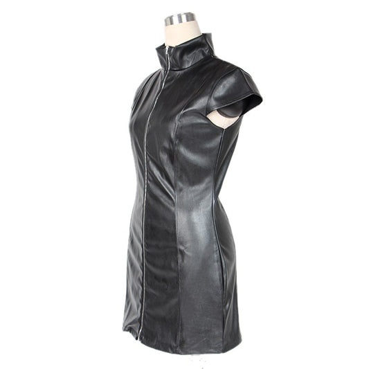 Vinyl Front Zipper Short Sleeve Bodycon Mini Black Dress