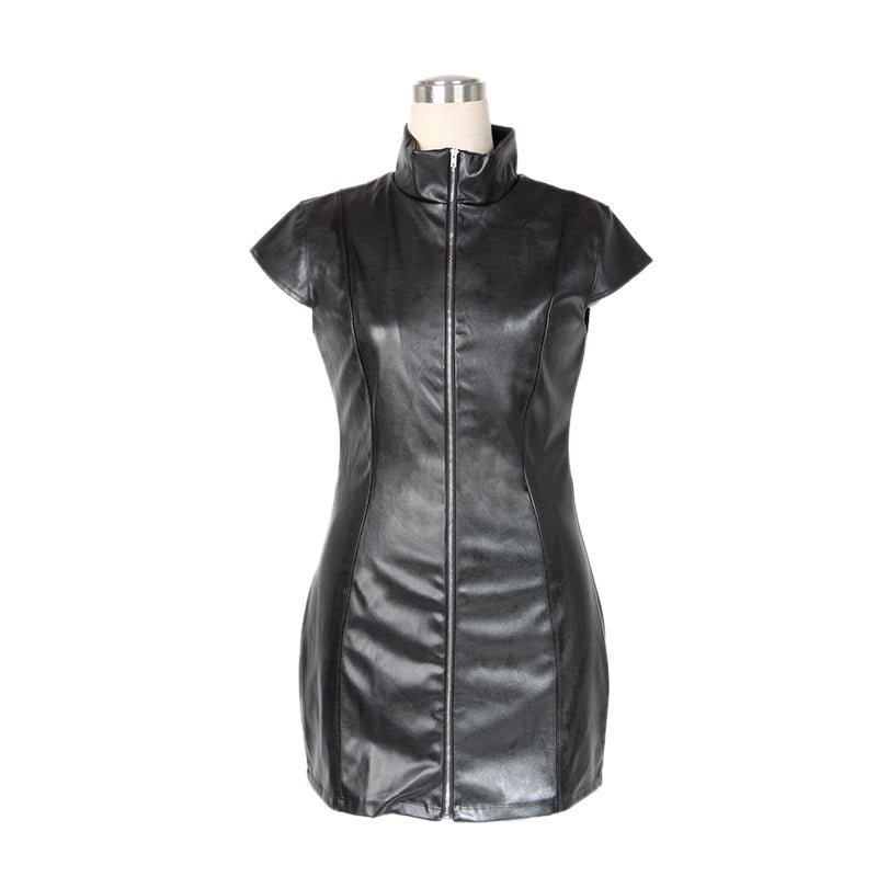 Vinyl Front Zipper Short Sleeve Bodycon Mini Black Dress