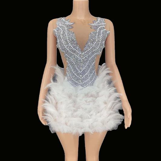 Silver Crystals Feather Mini Dress