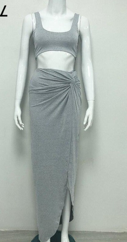 Crop Top And High Split Bandage Long Skirt Sets