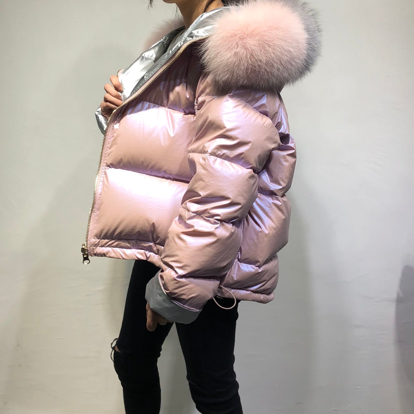 Metallic Real Fox Fur Parka Reversible Puff Jackets (Multi-Colors)