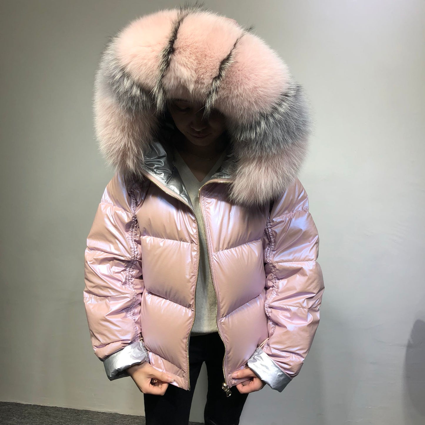 Metallic Real Fox Fur Parka Reversible Puff Jackets (Multi-Colors)