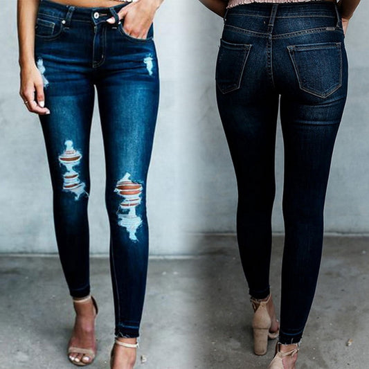 Dark Blue High Waist Slim Hole Ripped Jeans