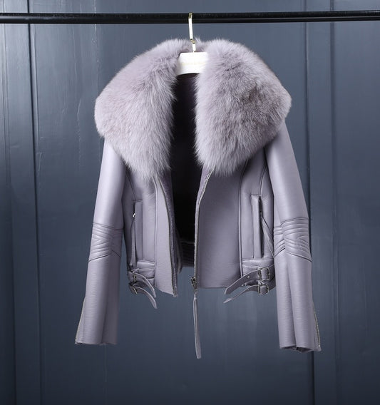 Genuine Leather Real Fox Fur Collar Real Wool Fur Liner Coats