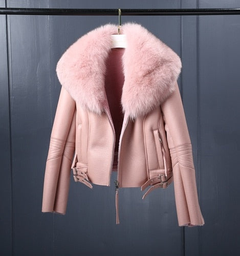 Genuine Leather Real Fox Fur Collar Real Wool Fur Liner Coats