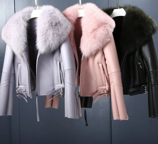 Genuine Leather Real Fox Fur Collar Real Wool Fur Liner Coats