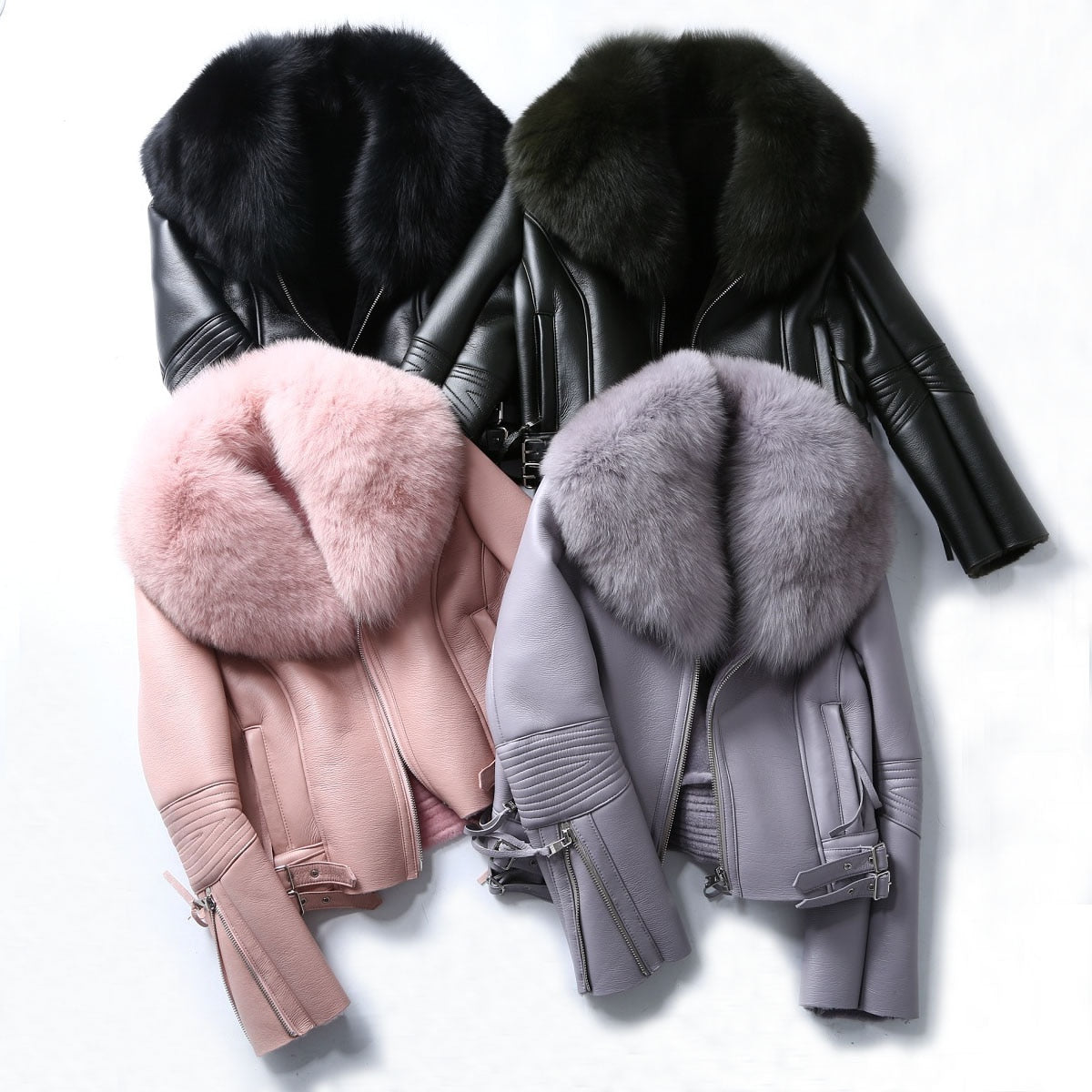 Genuine Leather Real Fox Fur Collar Real Wool Fur Liner Coats