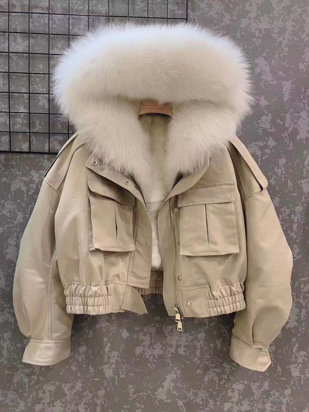 Real Lamb Wool Liner Fox Fur Collar Hood Crop Coats