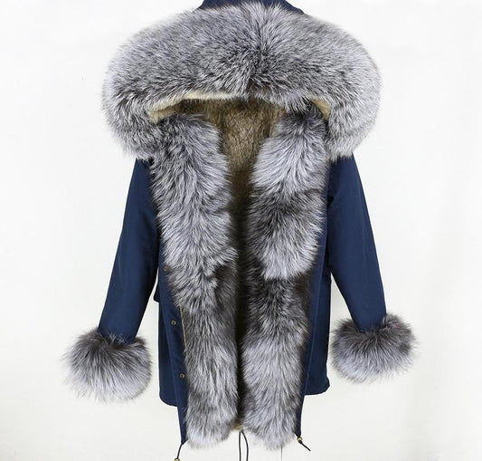 Real Silver Fox Fur Collar Cuff Parka Rabbit Fur Liner Coats