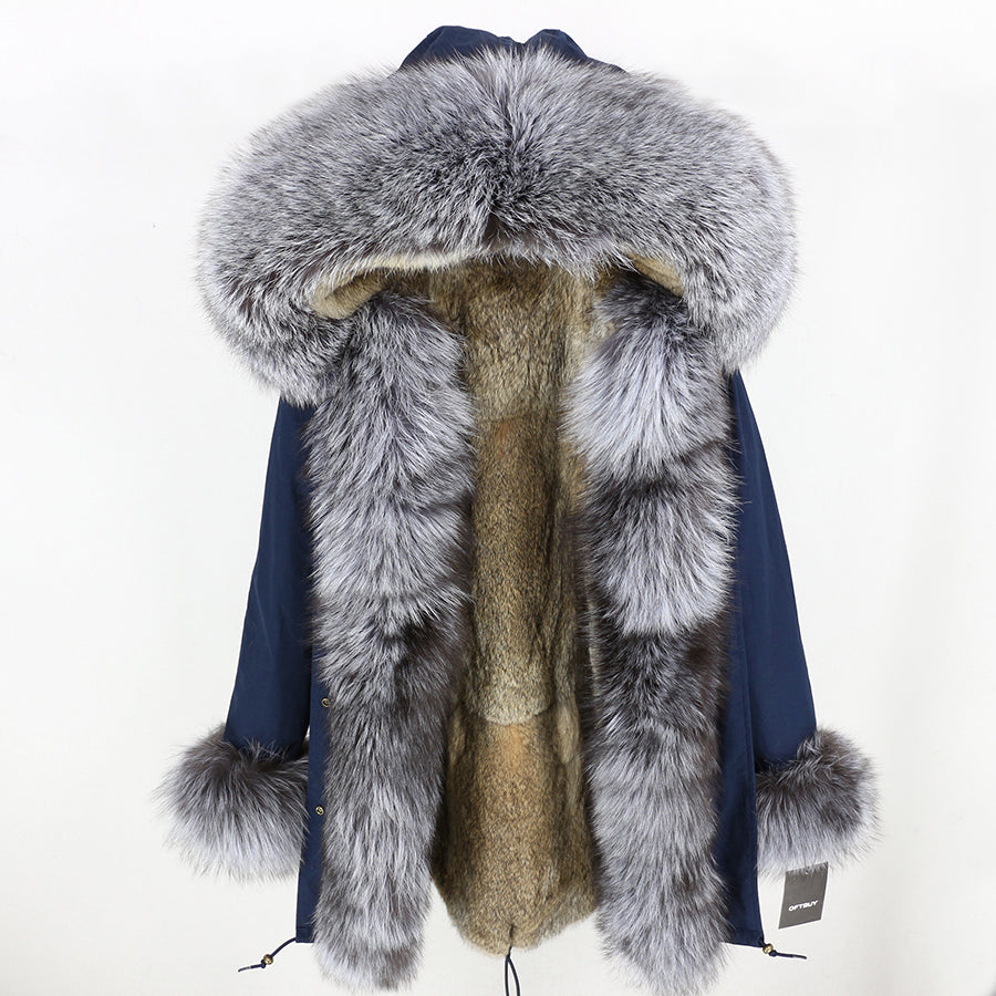 Real Silver Fox Fur Collar Cuff Parka Rabbit Fur Liner Coats