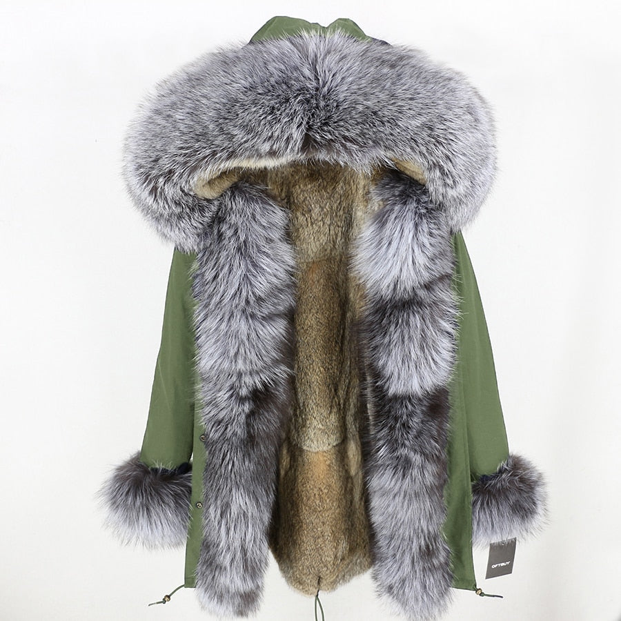 Real Silver Fox Fur Collar Cuff Parka Rabbit Fur Liner Coats