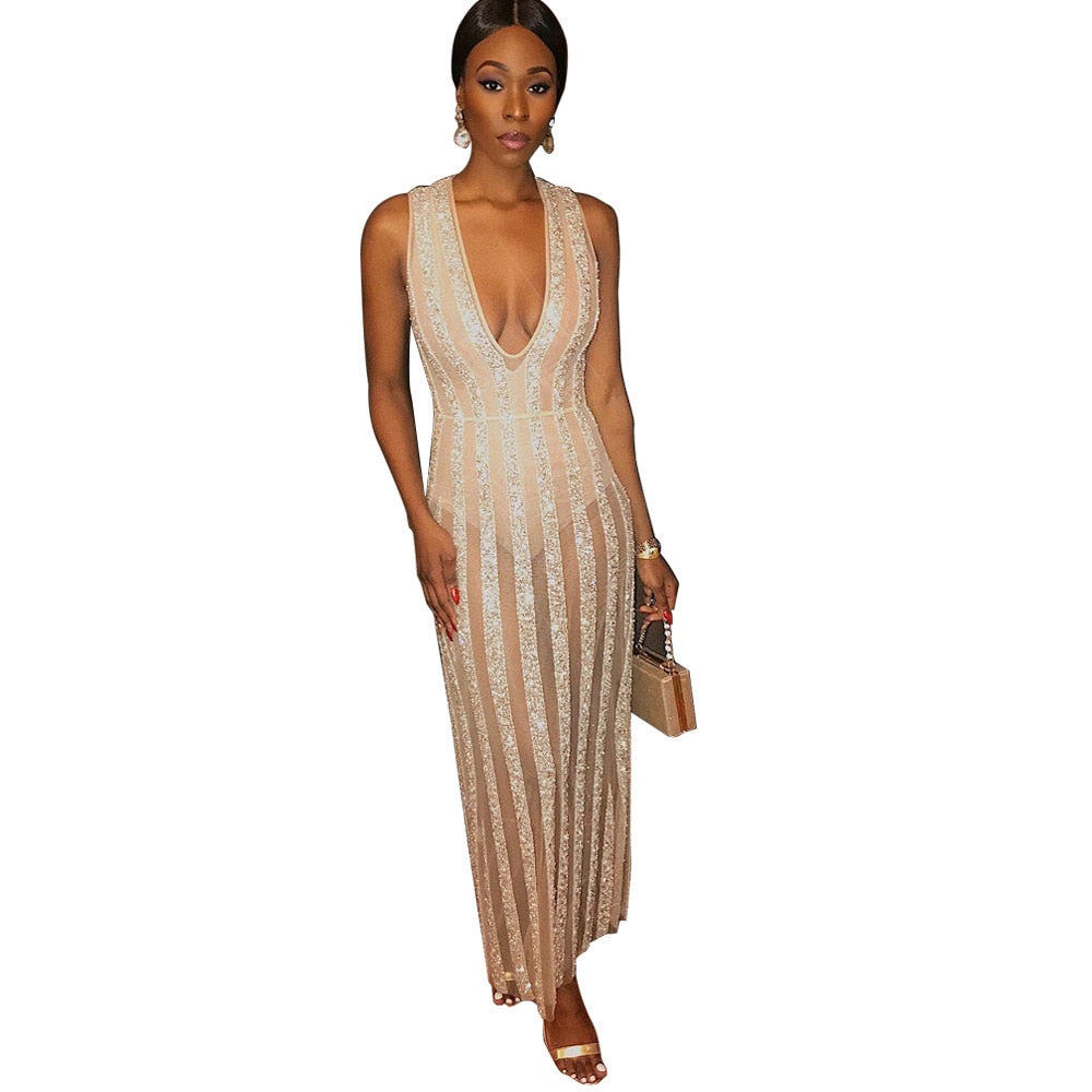 Gold Striped Mesh Sparkle Sleeveless Deep V Dress