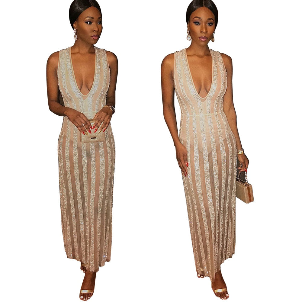 Gold Striped Mesh Sparkle Sleeveless Deep V Dress