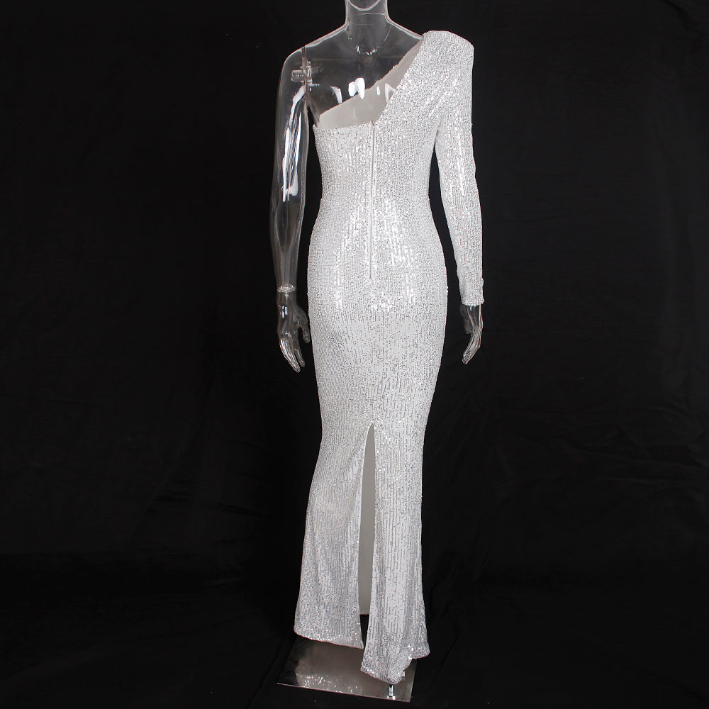 One Shoulder Silver Sequin One Sleeve Split Back Maxi Dress – Elevate Swag