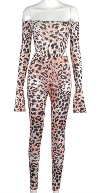 Off Shoulder Leopard Print Long Sleeve Bodysuits + Leggings Set