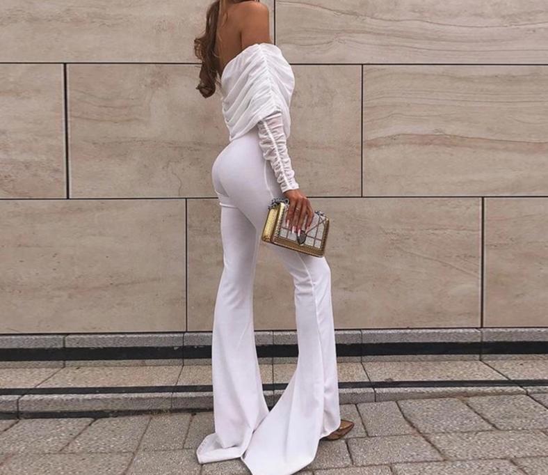 Lace Off Shoulder Long Sleeve Wide Extended Leg Jumpsuits